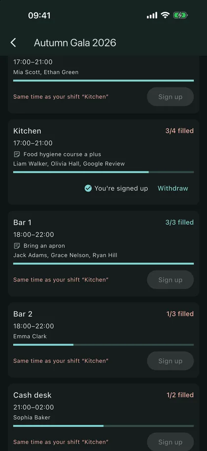 Shifts with sign-ups